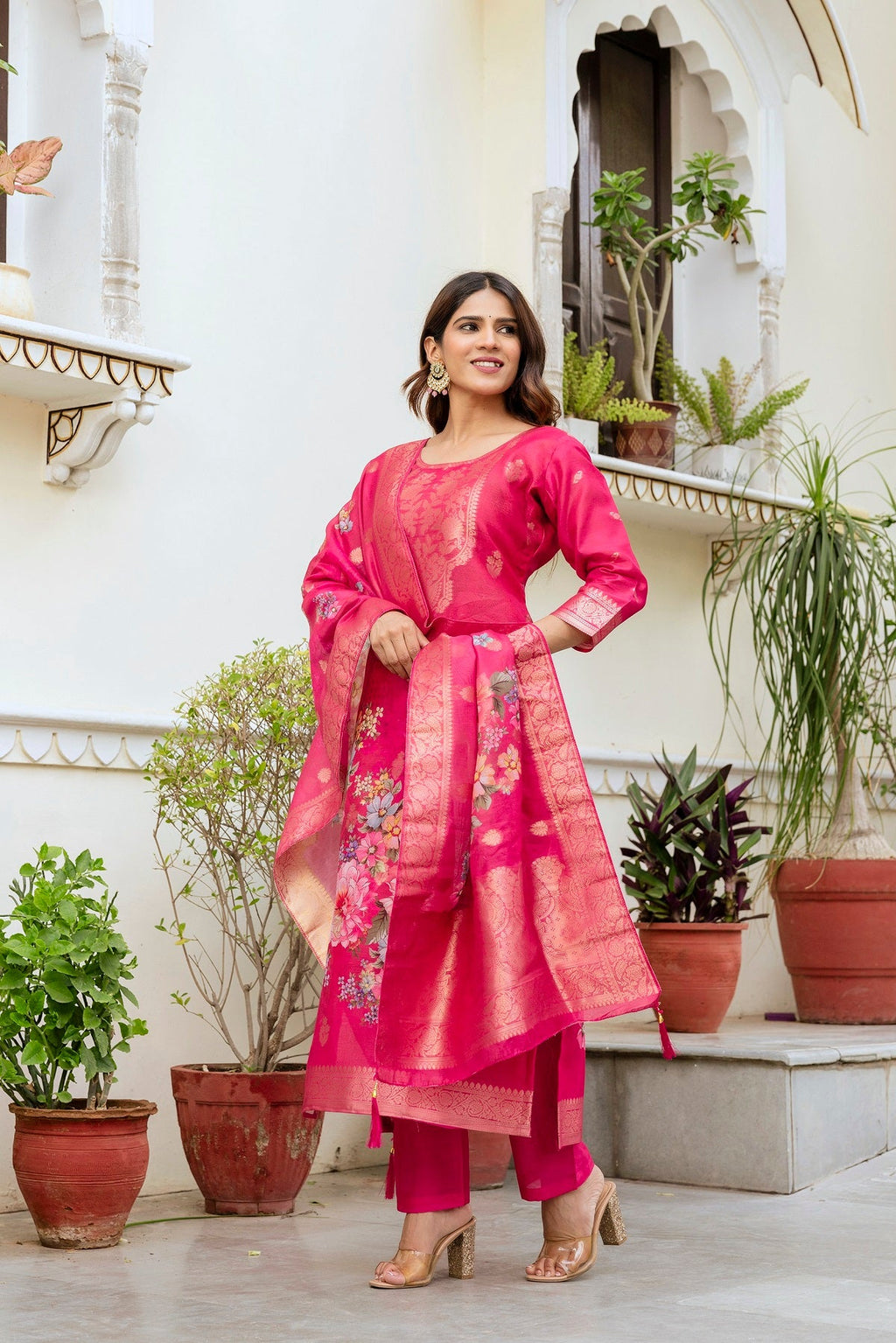 Sonakshi Women's Pink Chanderi Cotton Printed Kurta Set with Dupatta - Distacart