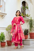 Sonakshi Women's Pink Chanderi Cotton Printed Kurta Set with Dupatta - Distacart
