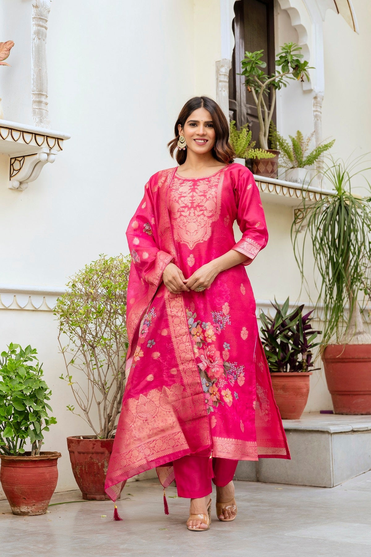 Sonakshi Women's Pink Chanderi Cotton Printed Kurta Set with Dupatta - Distacart