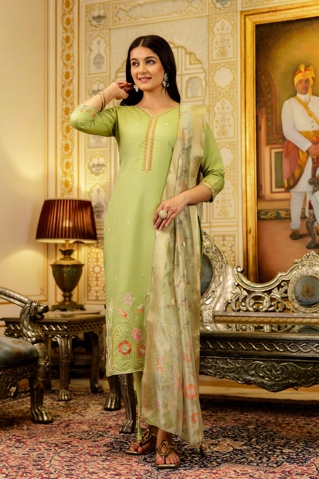 Sonakshi Women's Pista Viscose Shimmer Embroidered Kurta Set with Dupatta - Distacart