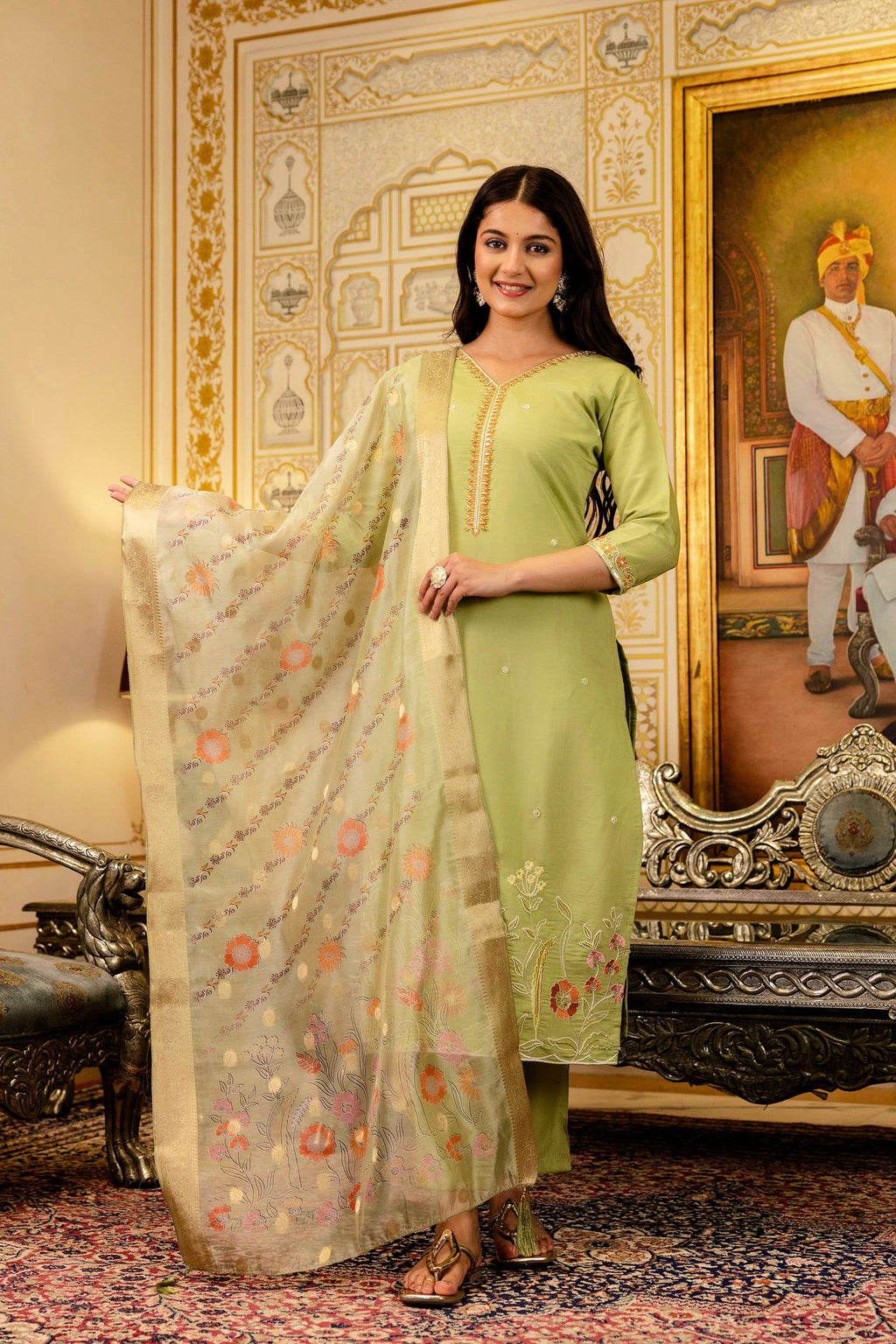 Sonakshi Women's Pista Viscose Shimmer Embroidered Kurta Set with Dupatta - Distacart