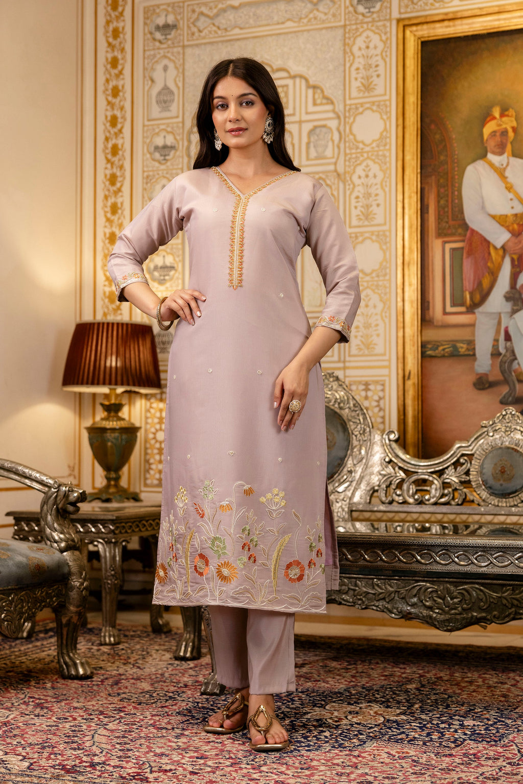 Sonakshi Women's Lavender Viscose Shimmer Embroidered Kurta Set with Dupatta - Distacart