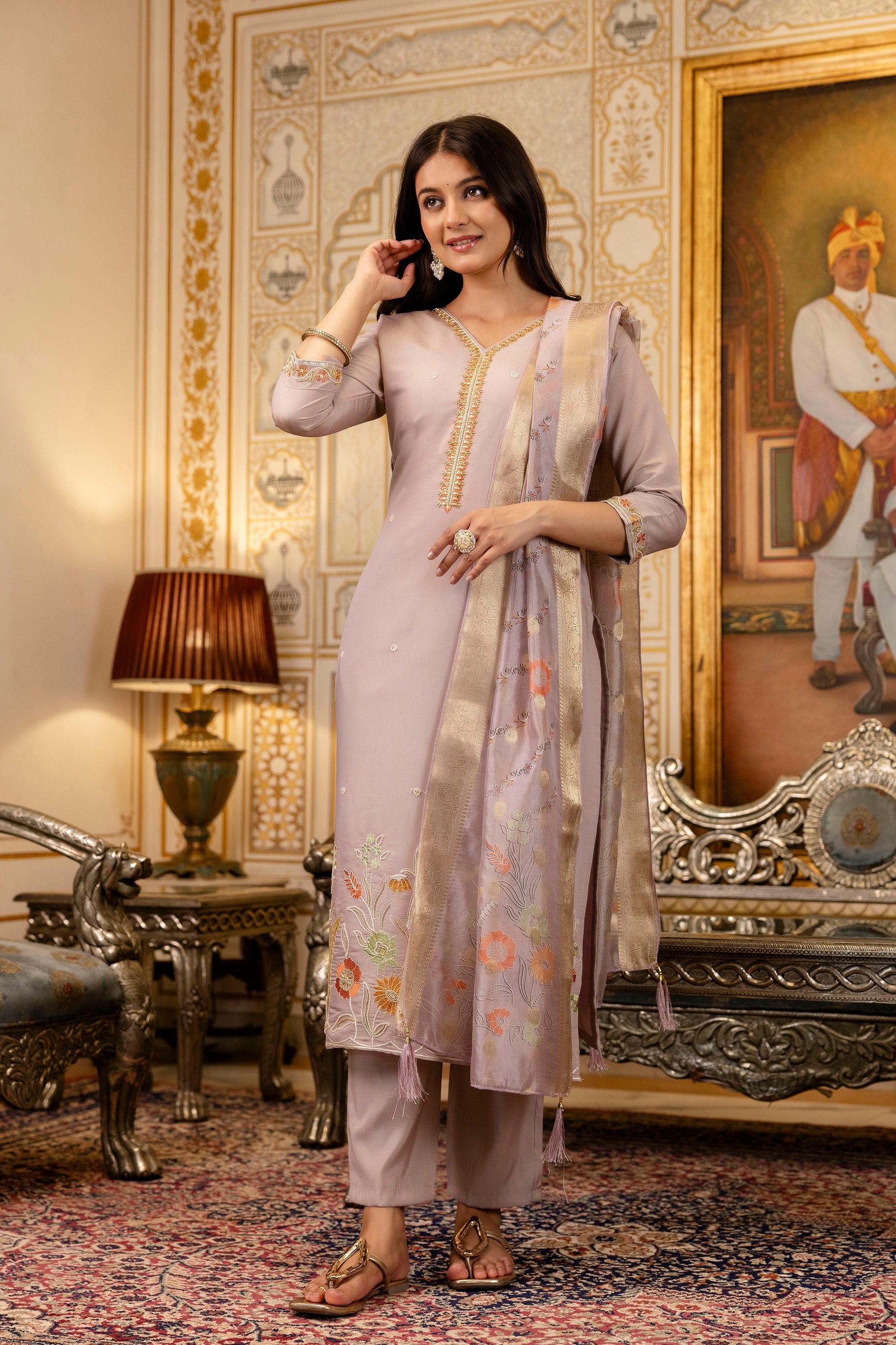 Sonakshi Women's Lavender Viscose Shimmer Embroidered Kurta Set with Dupatta - Distacart