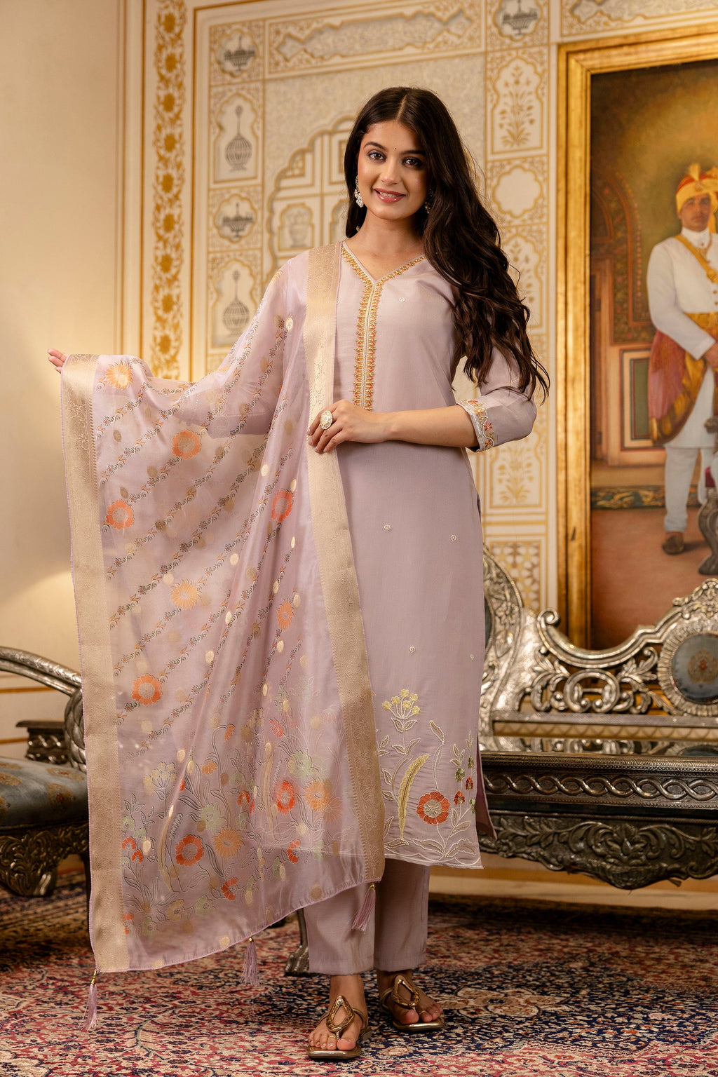Sonakshi Women's Lavender Viscose Shimmer Embroidered Kurta Set with Dupatta - Distacart