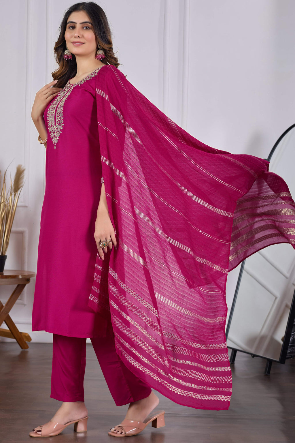 Sonakshi Women's Rani Pink Rayon Slub Embroidered Kurta Set with Dupatta - Distacart