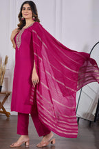 Sonakshi Women's Rani Pink Rayon Slub Embroidered Kurta Set with Dupatta - Distacart