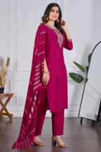 Sonakshi Women's Rani Pink Rayon Slub Embroidered Kurta Set with Dupatta - Distacart