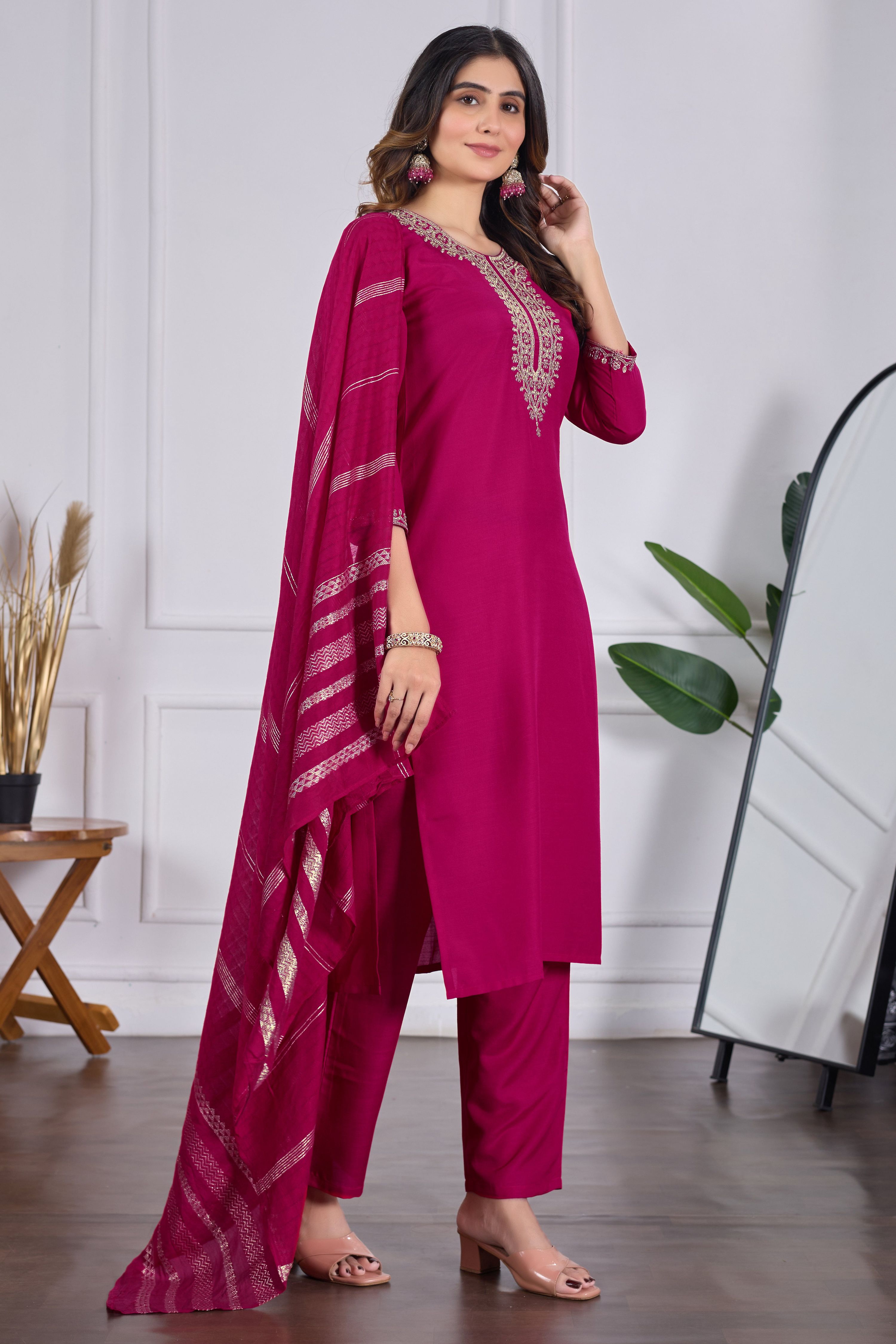 Sonakshi Women's Rani Pink Rayon Slub Embroidered Kurta Set with Dupatta - Distacart