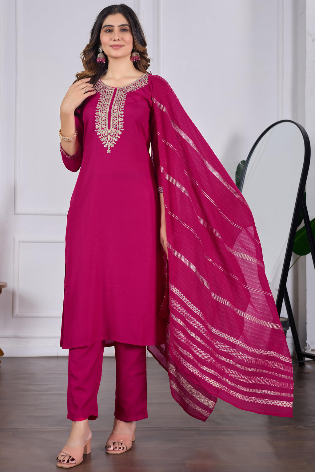Sonakshi Women's Rani Pink Rayon Slub Embroidered Kurta Set with Dupatta - Distacart