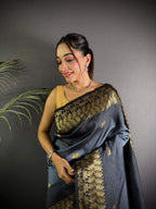 Sonakshi Women'S Grey Ikkat Silk Zari Woven Traditional Saree With Blouse - Distacart