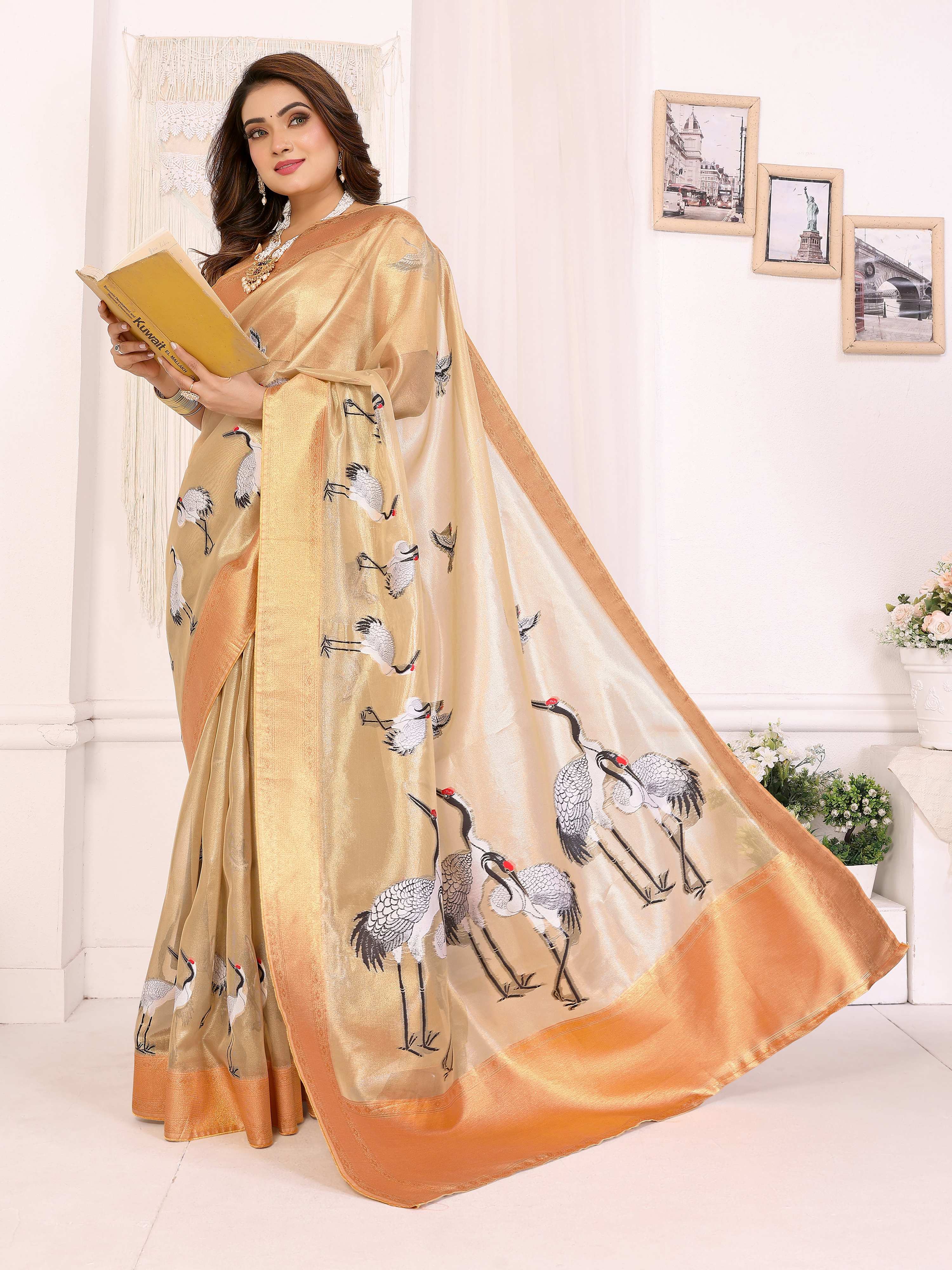 Sonakshi Women'S Chandan Premium Tissue Silk Copper-Gold Border Traditional Saree With Blouse - Distacart