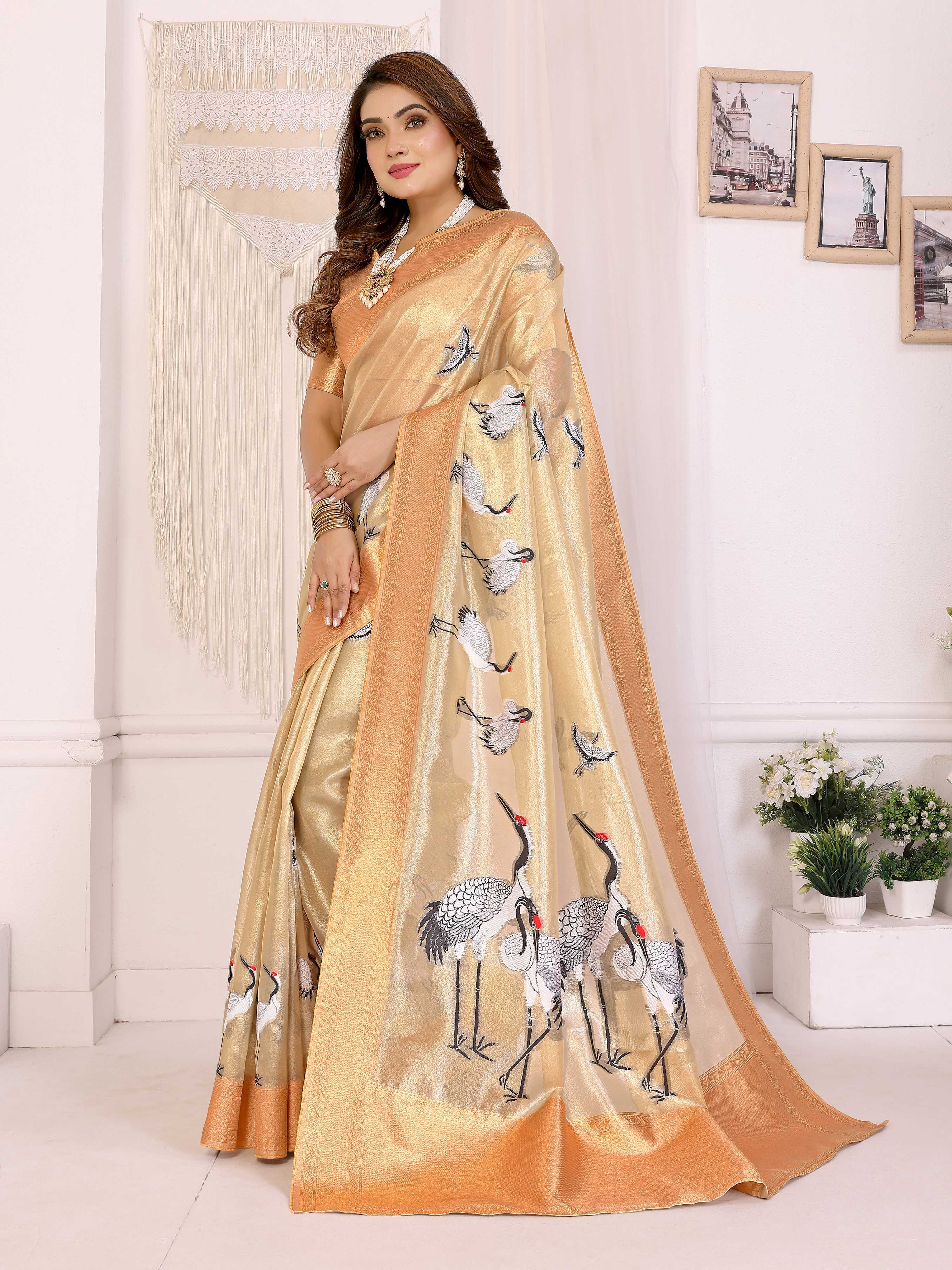 Sonakshi Women'S Chandan Premium Tissue Silk Copper-Gold Border Traditional Saree With Blouse - Distacart