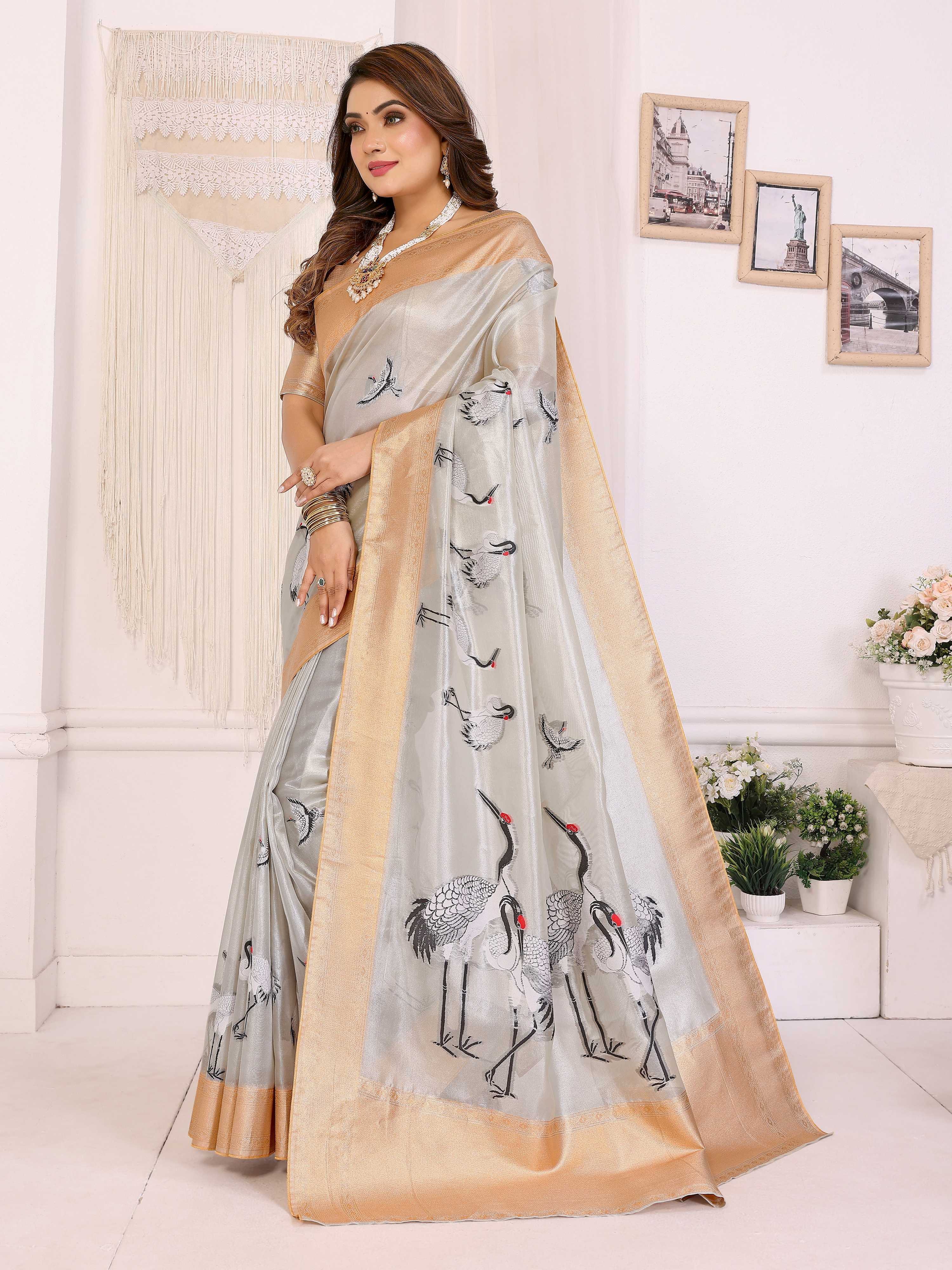 Sonakshi Women'S Offwhite Premium Tissue Silk Copper-Gold Border Traditional Saree With Blouse - Distacart