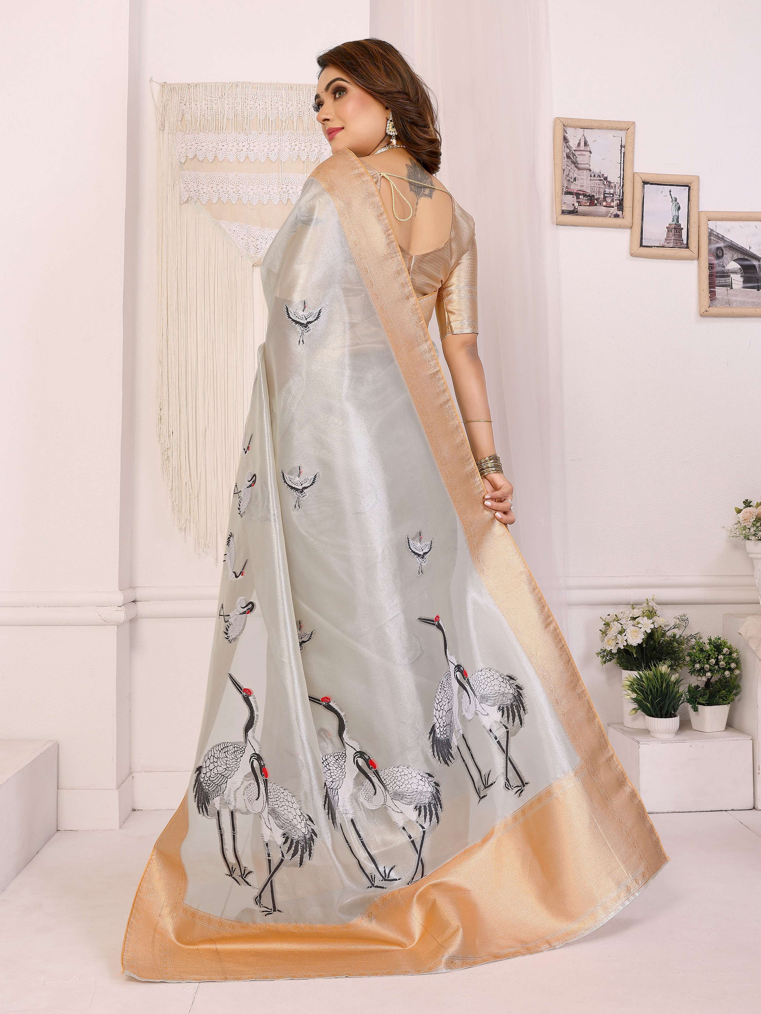 Sonakshi Women'S Offwhite Premium Tissue Silk Copper-Gold Border Traditional Saree With Blouse - Distacart