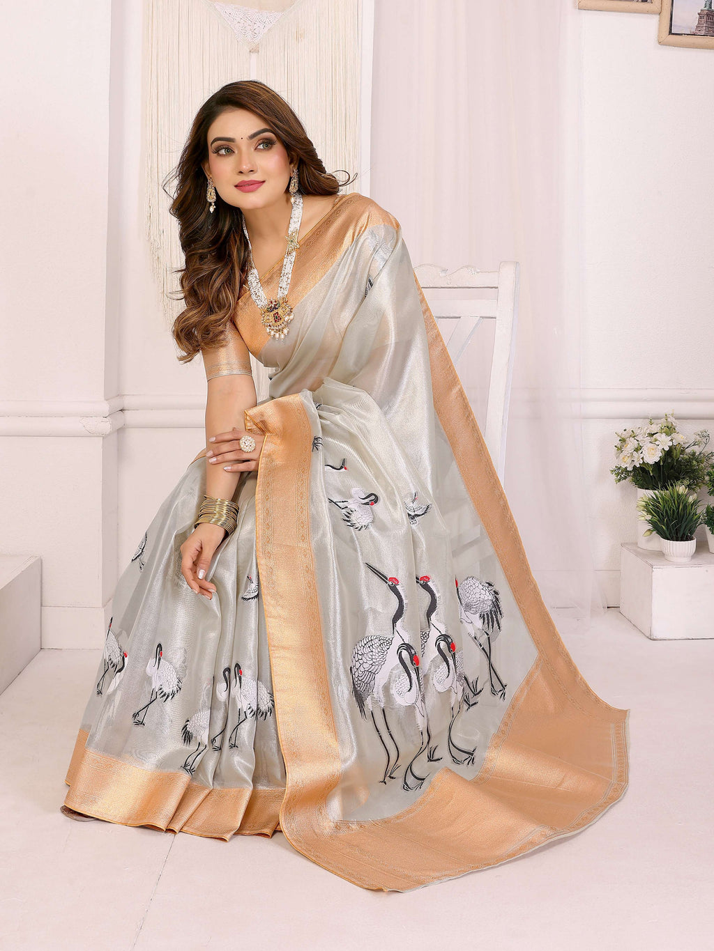 Sonakshi Women'S Offwhite Premium Tissue Silk Copper-Gold Border Traditional Saree With Blouse - Distacart