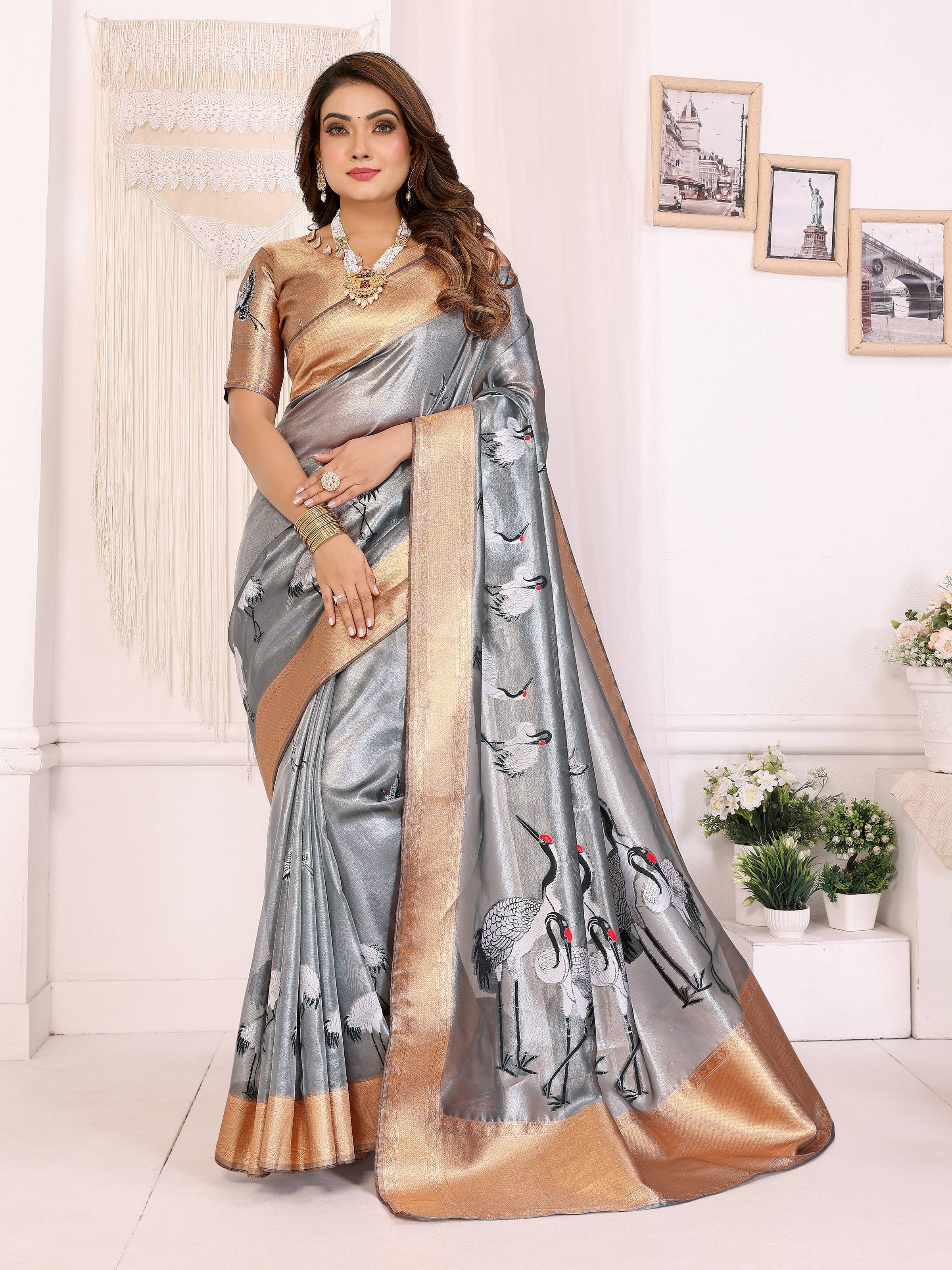 Sonakshi Women'S Grey Premium Tissue Silk Copper-Gold Border Traditional Saree With Blouse - Distacart