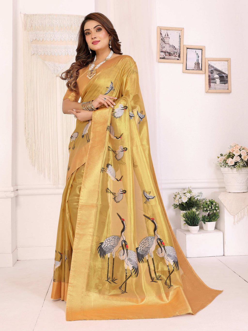 Sonakshi Women'S Gold Premium Tissue Silk Copper-Gold Border Traditional Saree With Blouse - Distacart