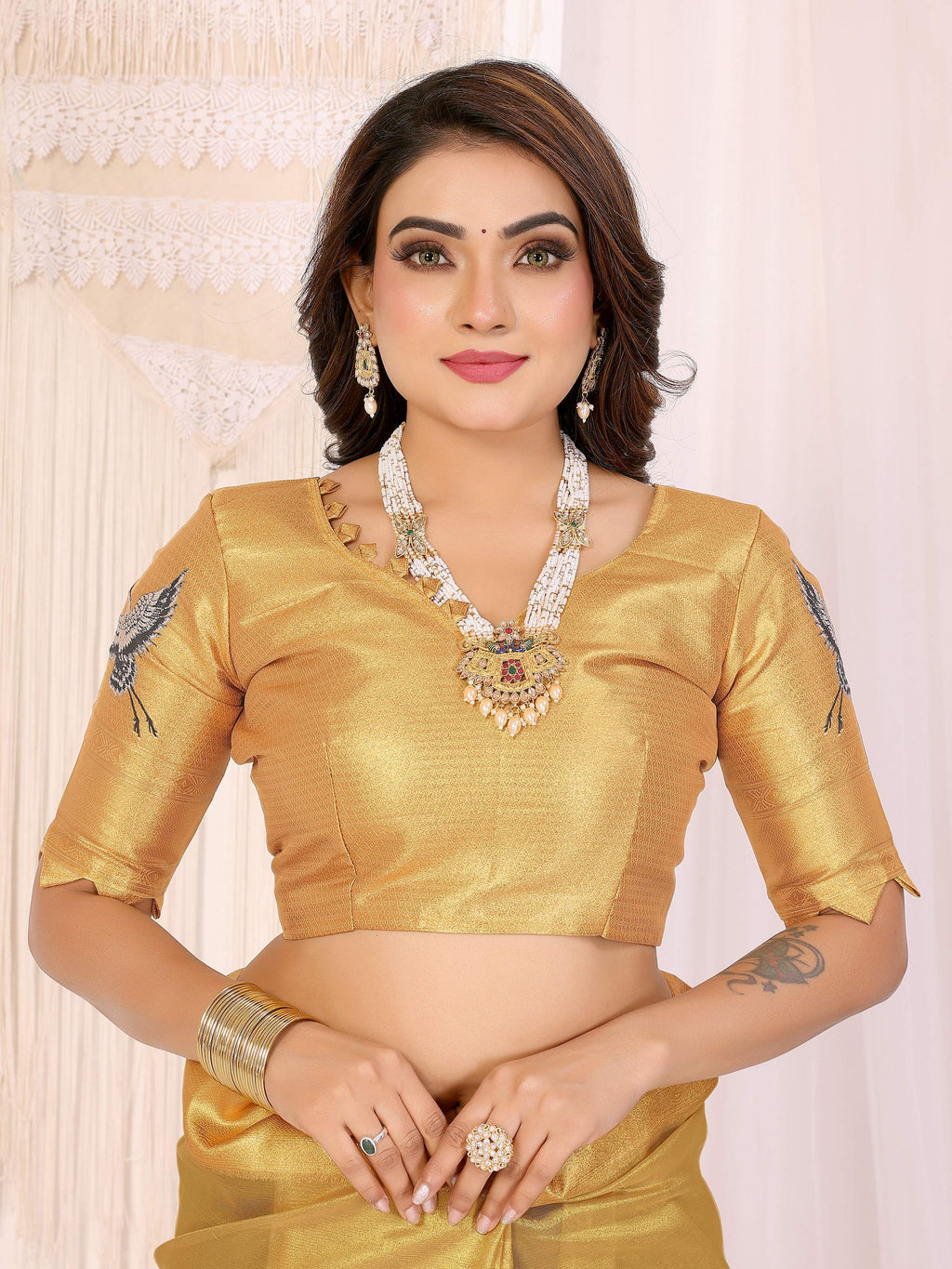 Sonakshi Women'S Gold Premium Tissue Silk Copper-Gold Border Traditional Saree With Blouse - Distacart