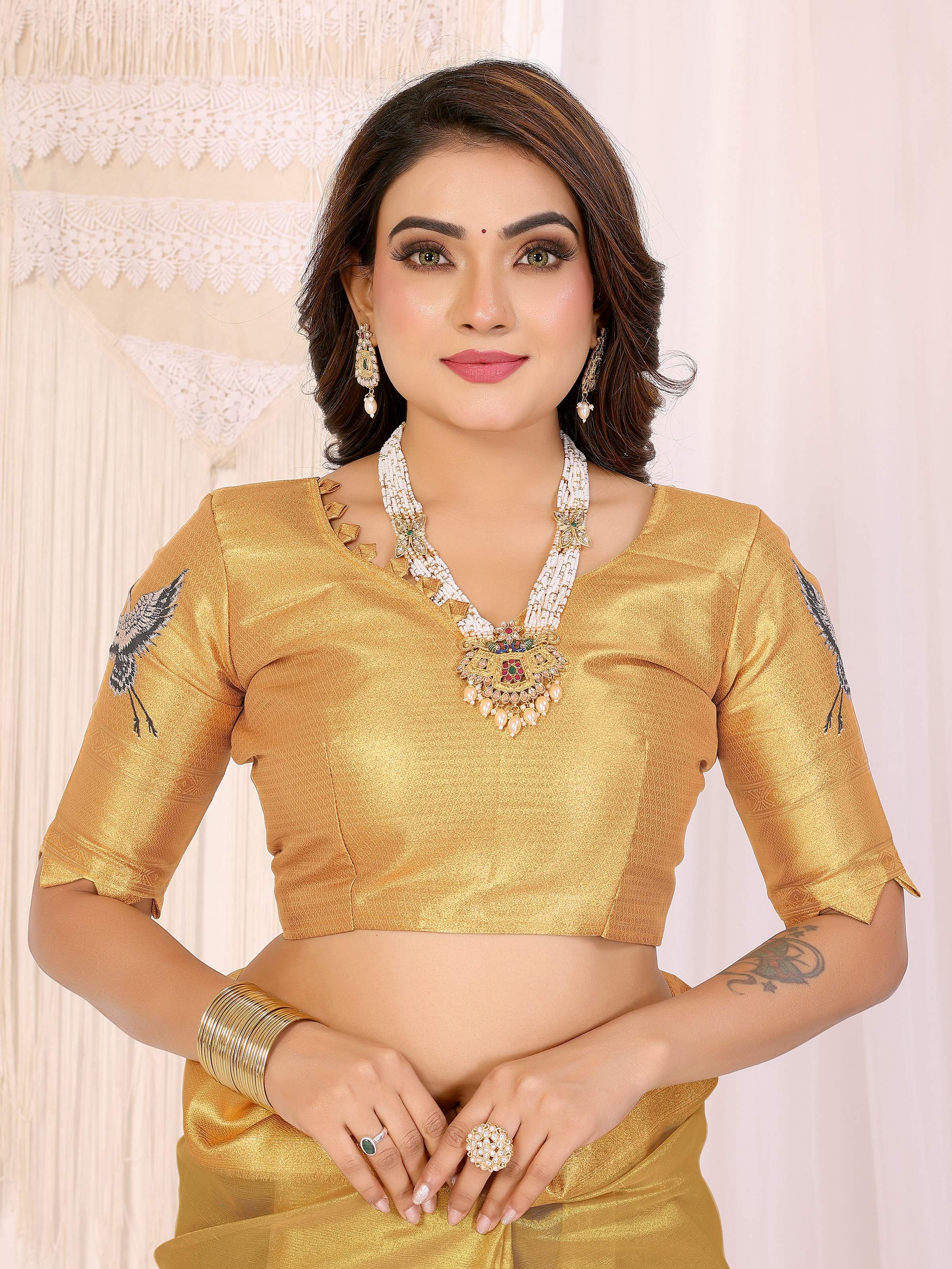 Sonakshi Women'S Gold Premium Tissue Silk Copper-Gold Border Traditional Saree With Blouse - Distacart