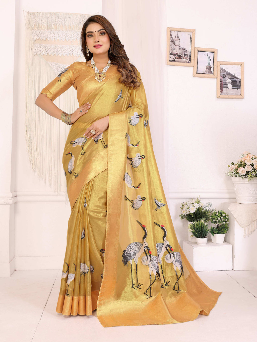 Sonakshi Women'S Gold Premium Tissue Silk Copper-Gold Border Traditional Saree With Blouse - Distacart