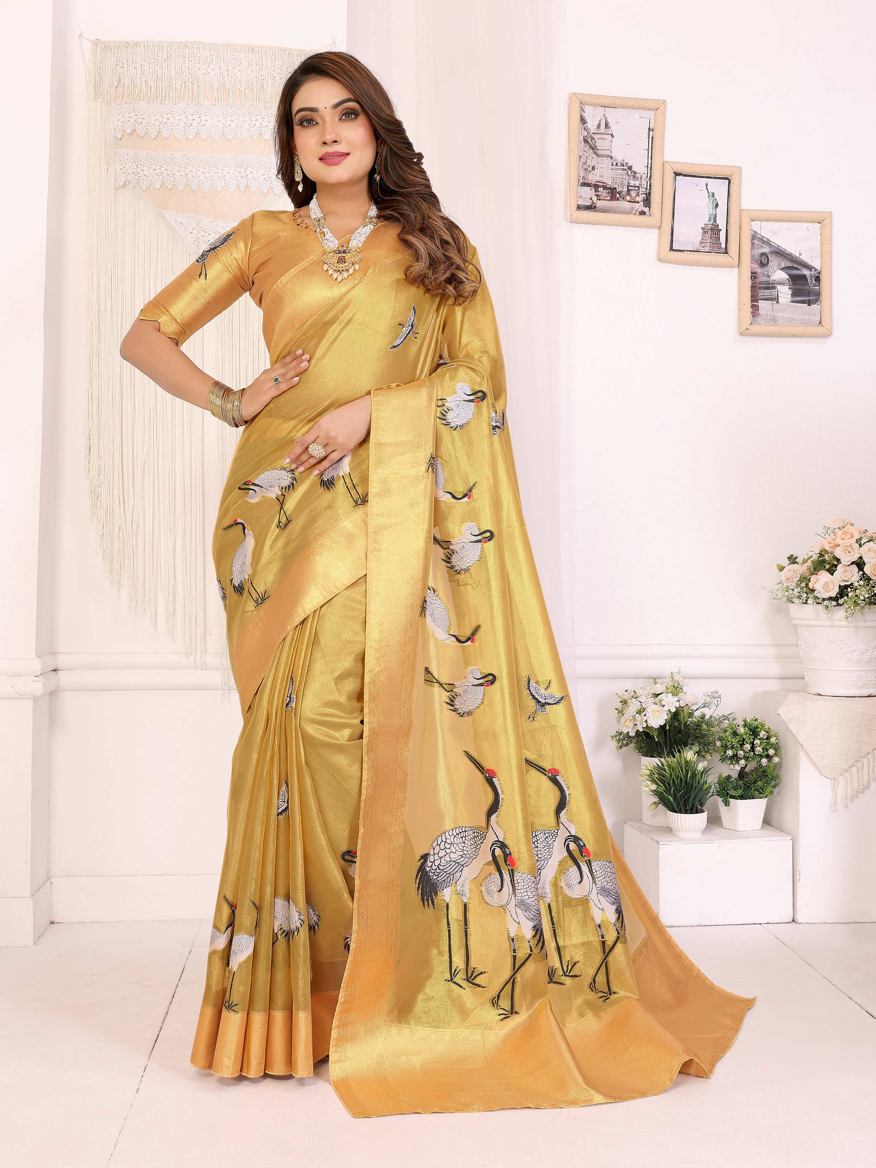 Sonakshi Women'S Gold Premium Tissue Silk Copper-Gold Border Traditional Saree With Blouse - Distacart