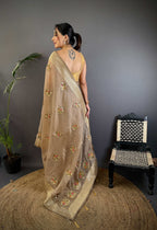 Sonakshi Women'S Chiku Pure Organza Silk With Attractive Embroidery Work Traditional Saree With Blouse - Distacart