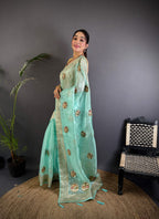Sonakshi Women'S Sky Pure Organza Silk With Attractive Embroidery Work Traditional Saree With Blouse - Distacart