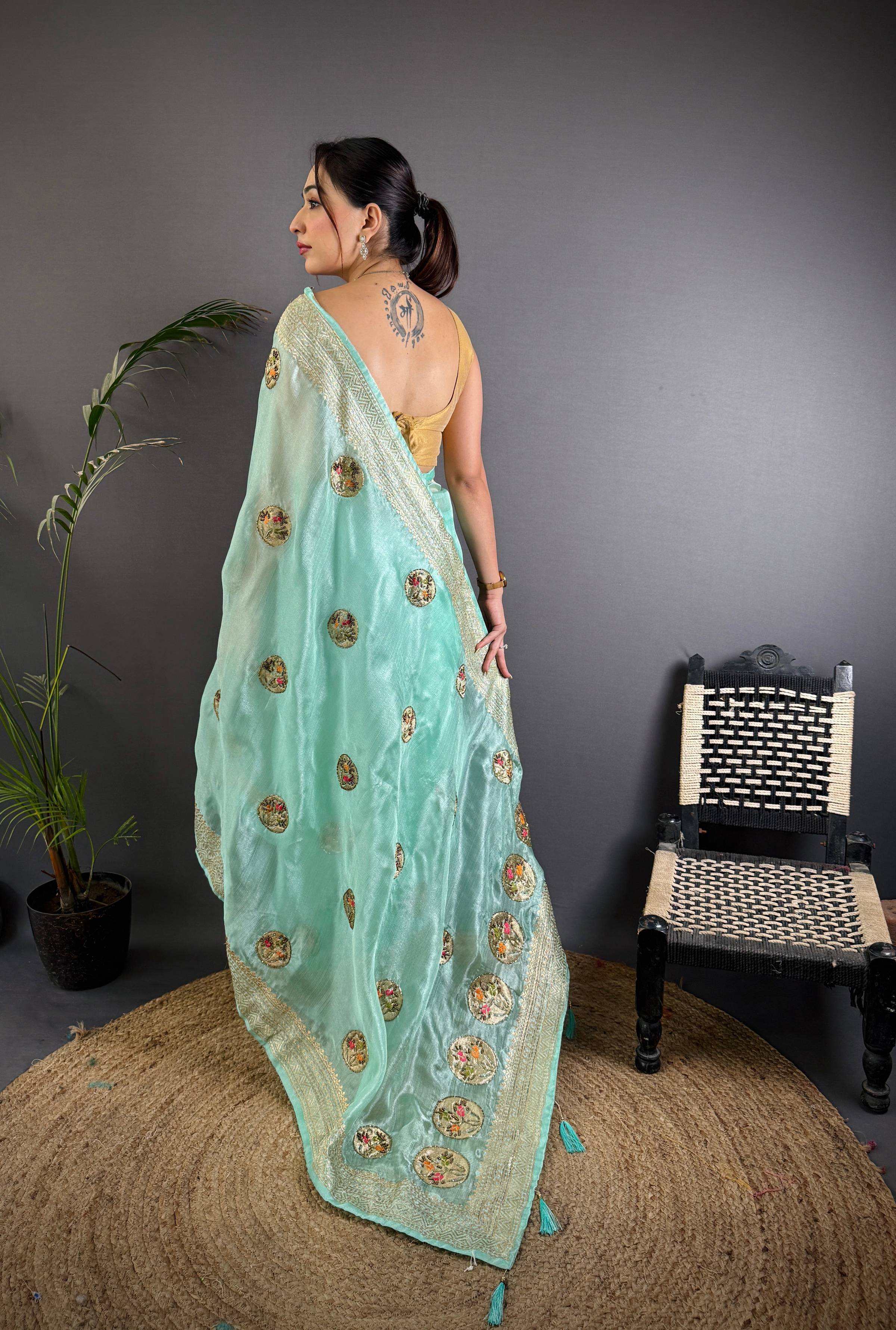 Sonakshi Women'S Sky Pure Organza Silk With Attractive Embroidery Work Traditional Saree With Blouse - Distacart