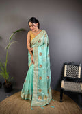 Sonakshi Women'S Sky Pure Organza Silk With Attractive Embroidery Work Traditional Saree With Blouse - Distacart