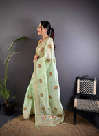Sonakshi Women'S Pista Pure Organza Silk With Attractive Embroidery Work Traditional Saree With Blouse - Distacart
