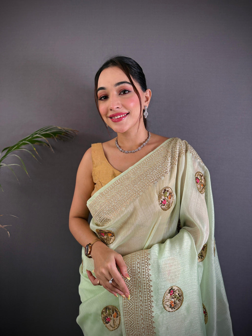 Sonakshi Women'S Pista Pure Organza Silk With Attractive Embroidery Work Traditional Saree With Blouse - Distacart