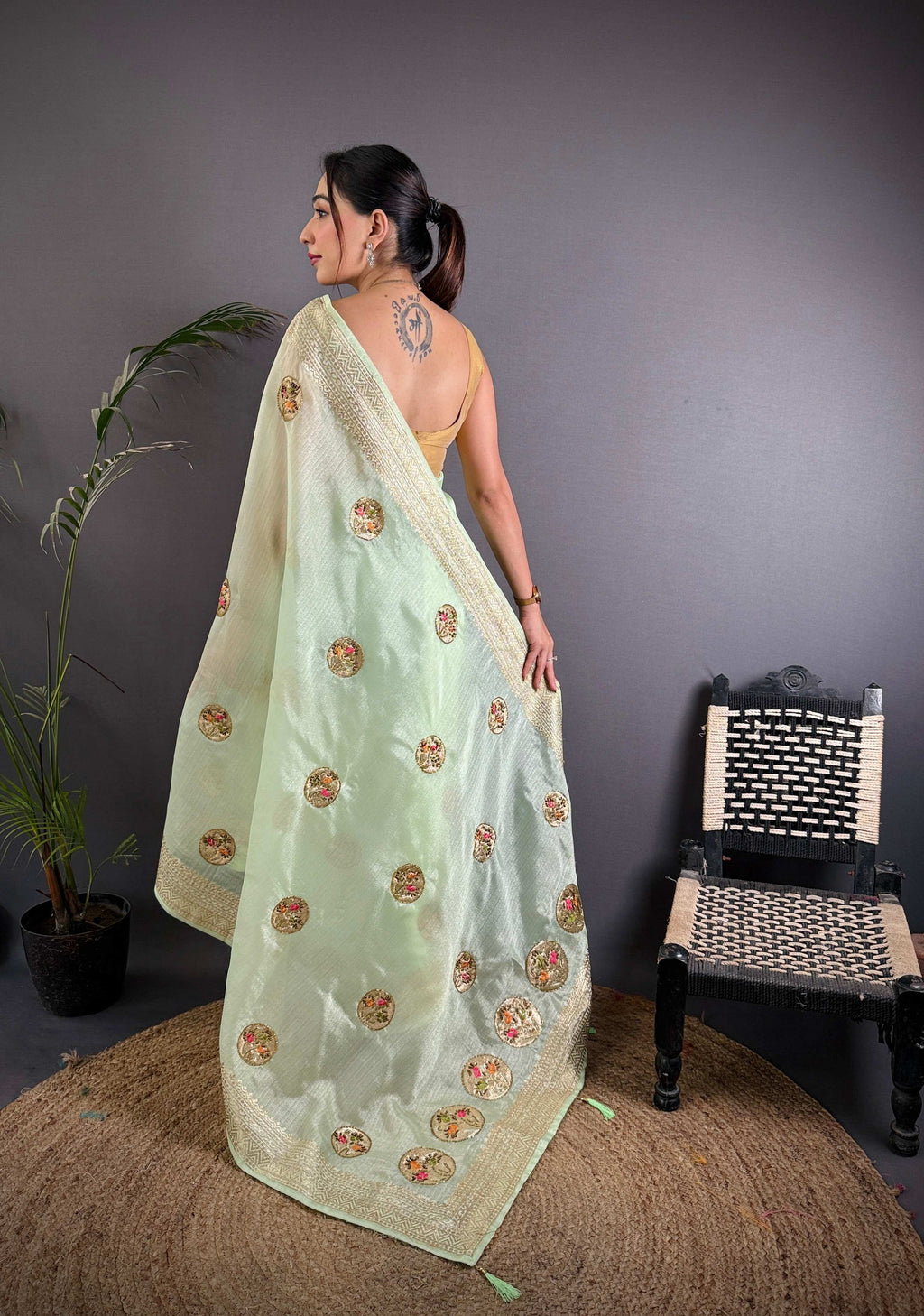 Sonakshi Women'S Pista Pure Organza Silk With Attractive Embroidery Work Traditional Saree With Blouse - Distacart