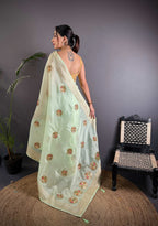 Sonakshi Women'S Pista Pure Organza Silk With Attractive Embroidery Work Traditional Saree With Blouse - Distacart