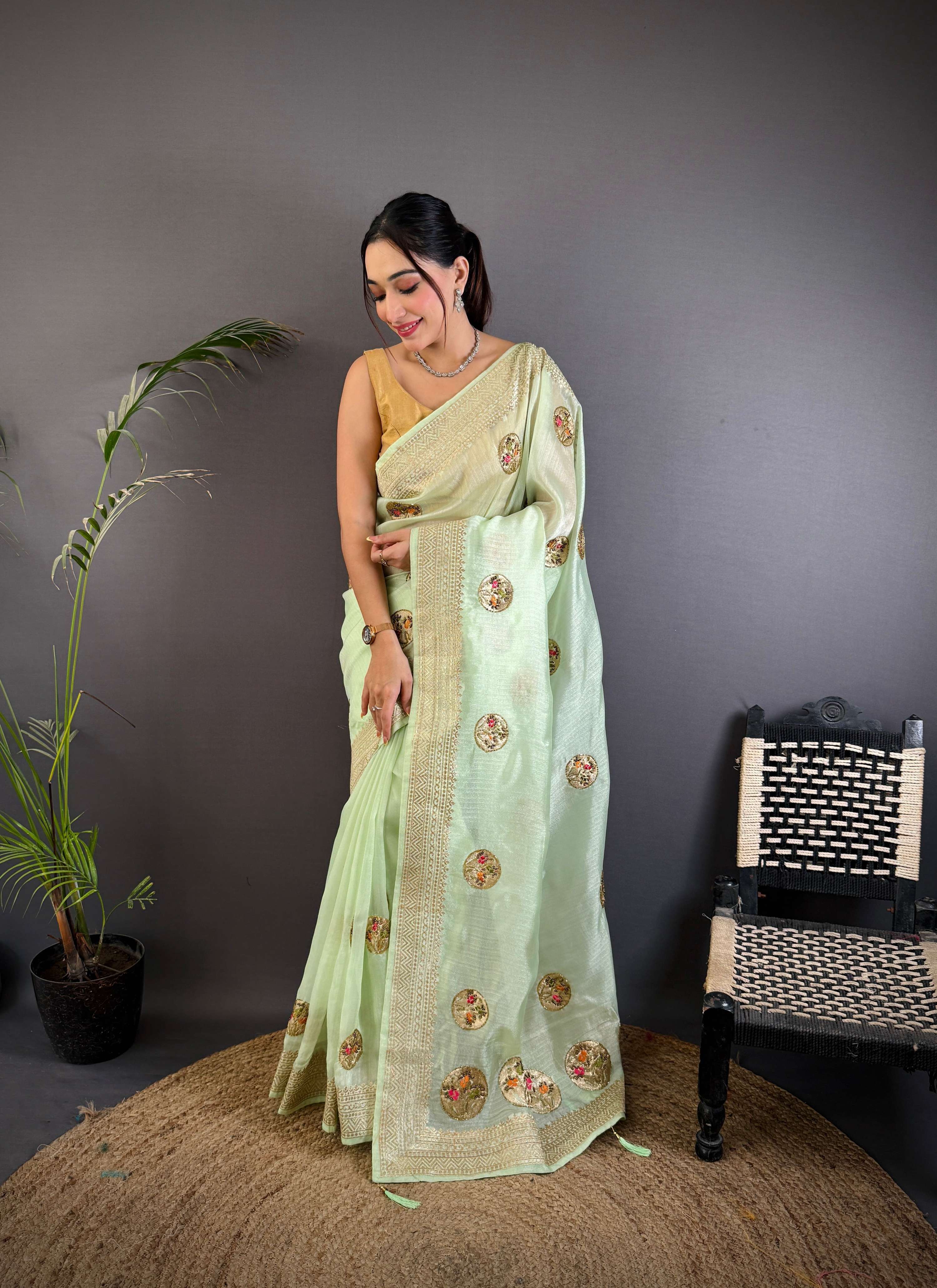 Sonakshi Women'S Pista Pure Organza Silk With Attractive Embroidery Work Traditional Saree With Blouse - Distacart