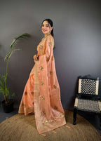 Sonakshi Women'S Peach Pure Organza Silk With Attractive Embroidery Work Traditional Saree With Blouse - Distacart