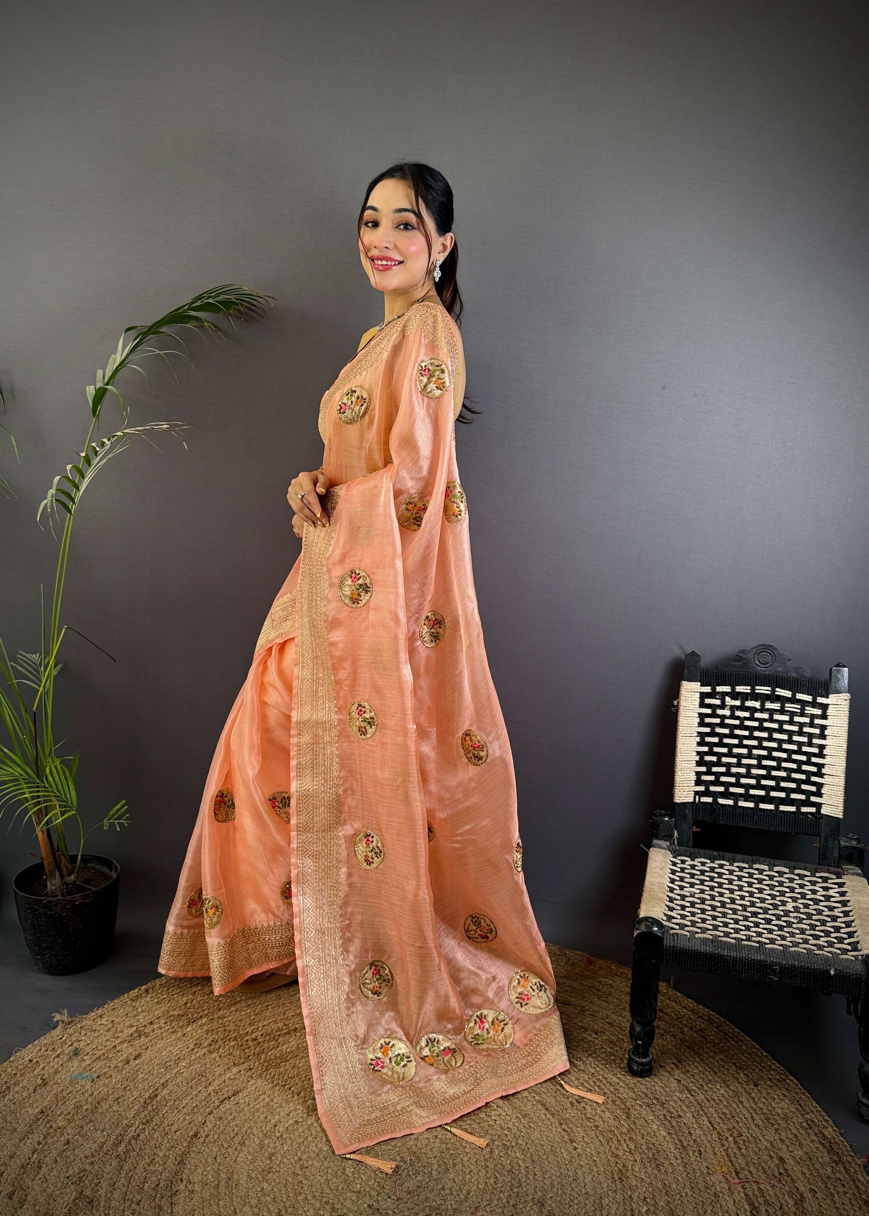 Sonakshi Women'S Peach Pure Organza Silk With Attractive Embroidery Work Traditional Saree With Blouse - Distacart