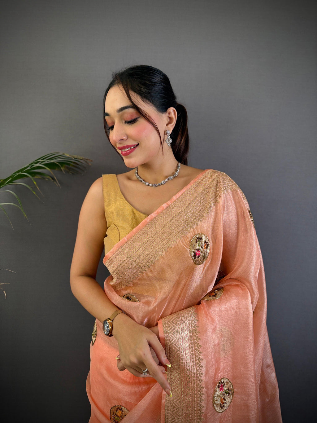 Sonakshi Women'S Peach Pure Organza Silk With Attractive Embroidery Work Traditional Saree With Blouse - Distacart