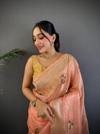 Sonakshi Women'S Peach Pure Organza Silk With Attractive Embroidery Work Traditional Saree With Blouse - Distacart