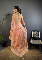 Sonakshi Women'S Peach Pure Organza Silk With Attractive Embroidery Work Traditional Saree With Blouse - Distacart