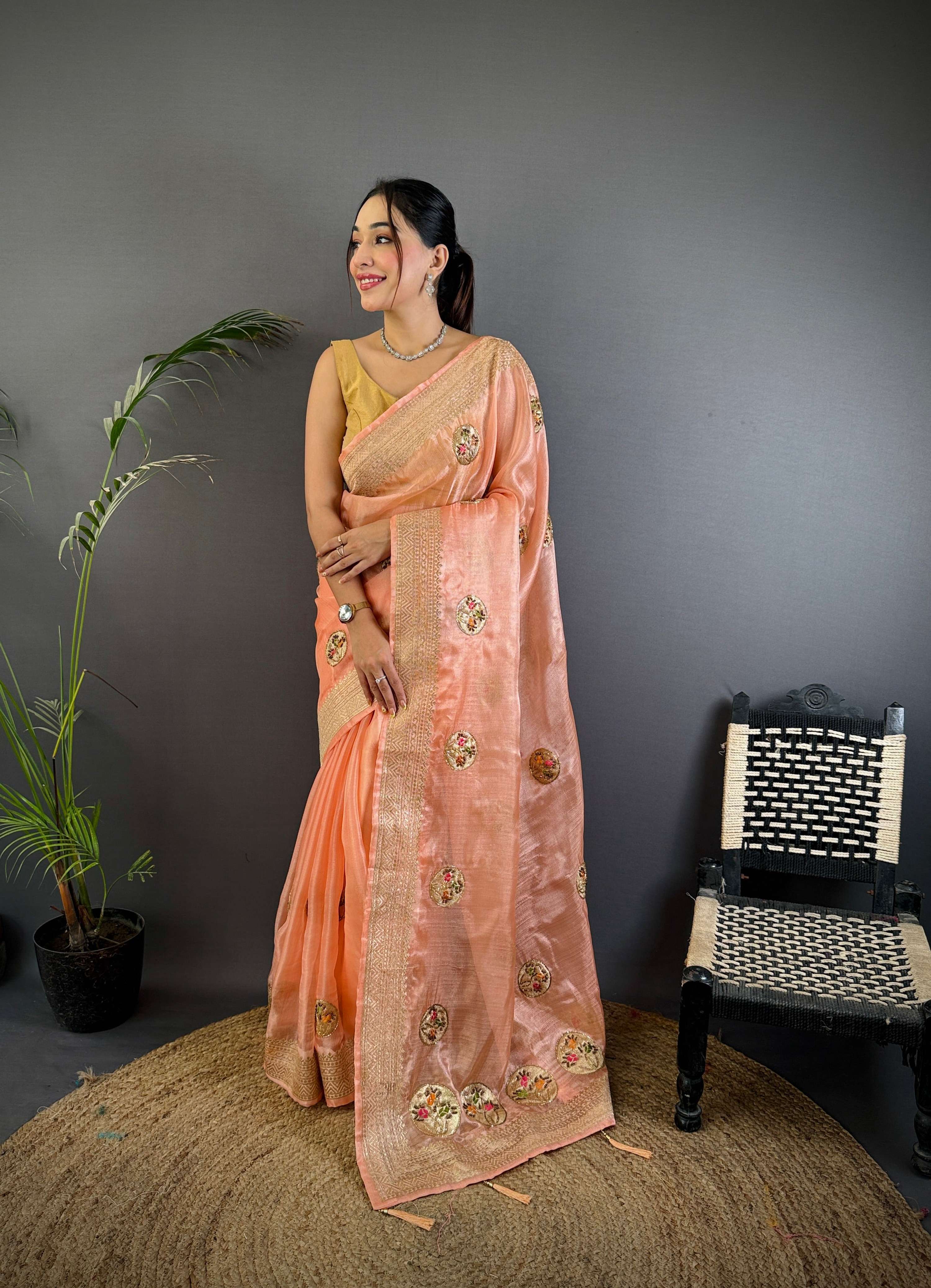 Sonakshi Women'S Peach Pure Organza Silk With Attractive Embroidery Work Traditional Saree With Blouse - Distacart