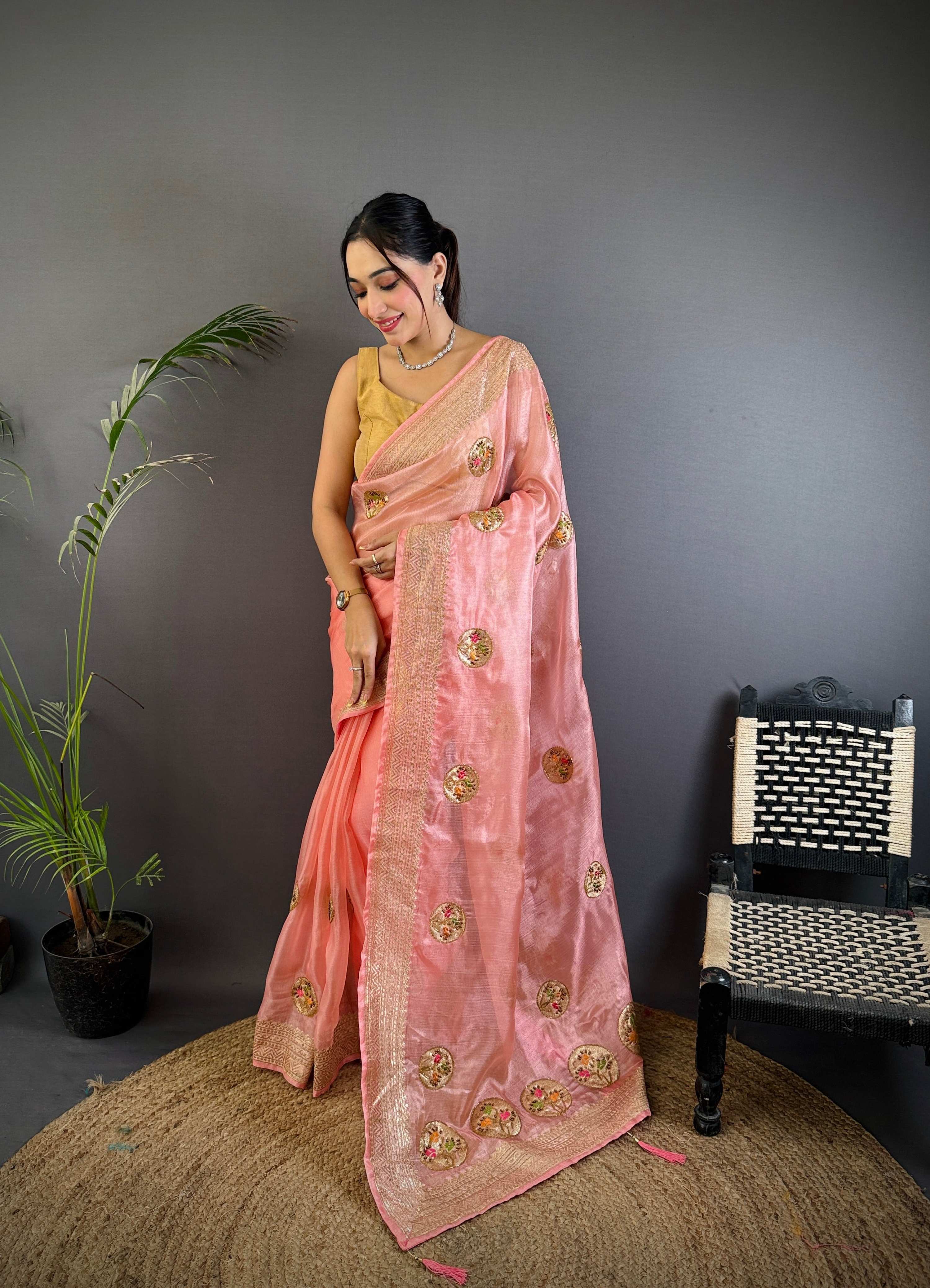 Sonakshi Women'S Gajri Pure Organza Silk With Attractive Embroidery Work Traditional Saree With Blouse - Distacart