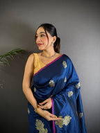 Sonakshi Women'S Blue Pure Lichi Silk With Weaving Zari Traditional Saree With Blouse - Distacart
