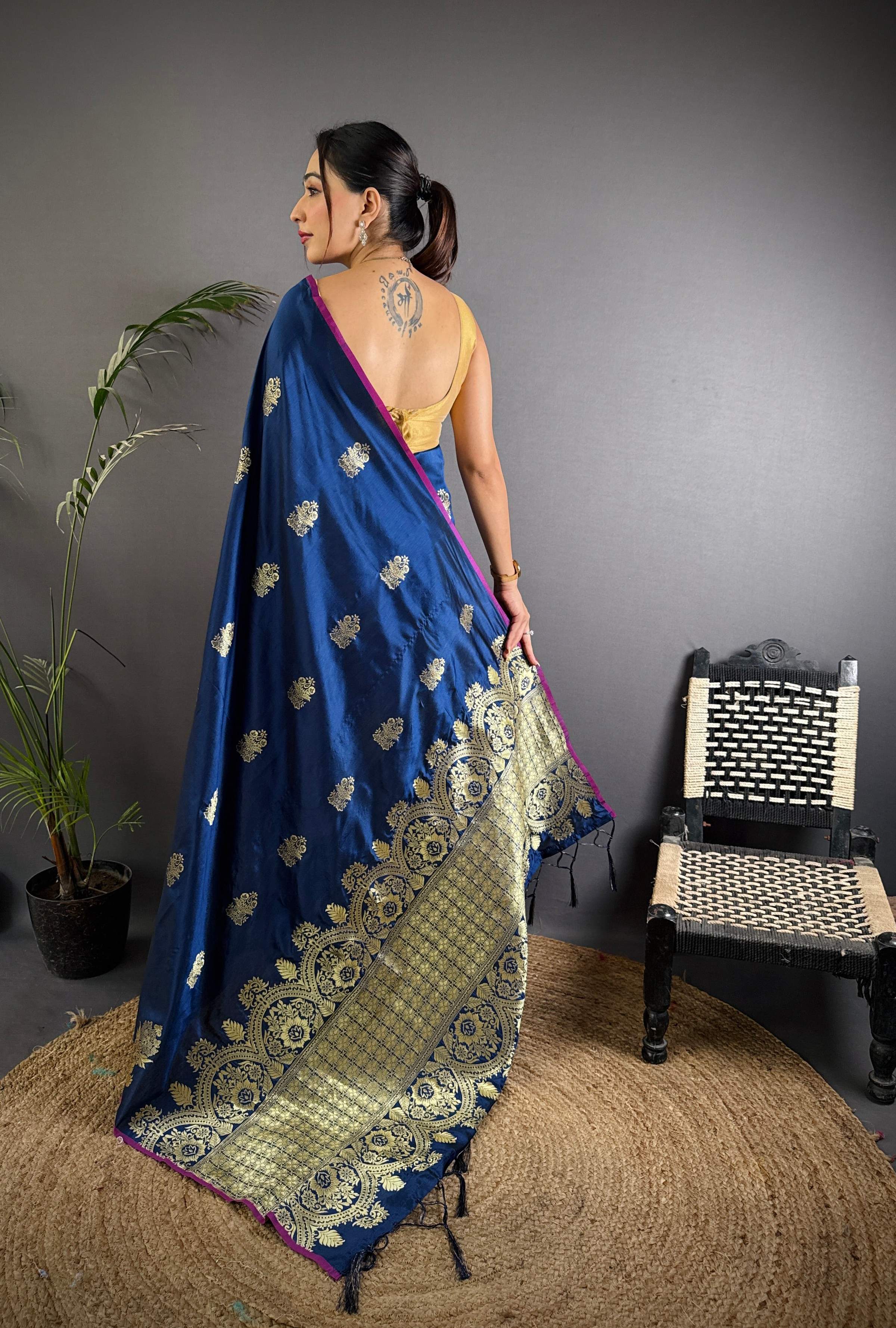 Sonakshi Women'S Blue Pure Lichi Silk With Weaving Zari Traditional Saree With Blouse - Distacart