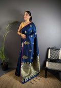 Sonakshi Women'S Blue Pure Lichi Silk With Weaving Zari Traditional Saree With Blouse - Distacart