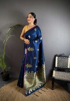 Sonakshi Women'S Blue Pure Lichi Silk With Weaving Zari Traditional Saree With Blouse - Distacart