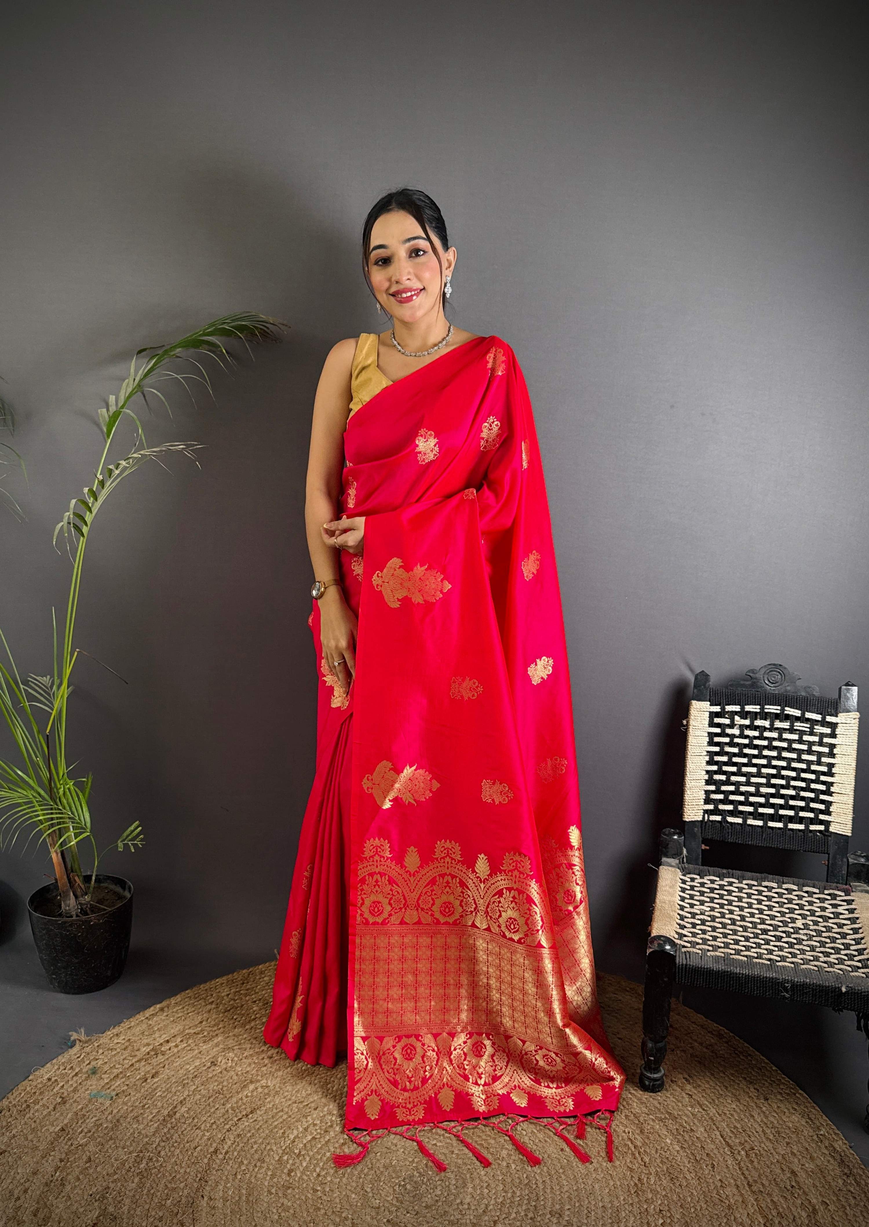 Sonakshi Women'S Ranipink Pure Lichi Silk With Weaving Zari Traditional Saree With Blouse - Distacart