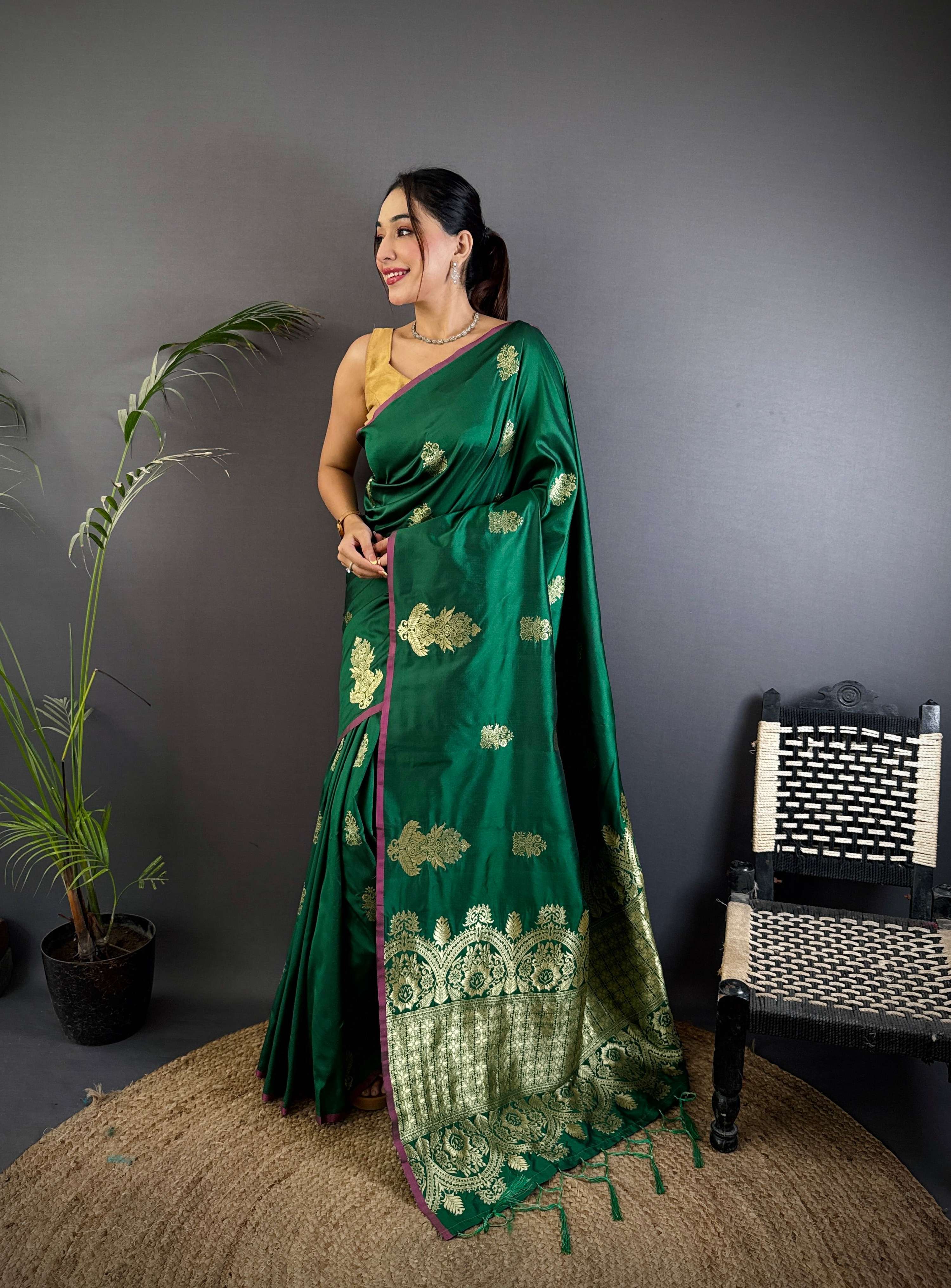 Sonakshi Women'S Ramagreen Pure Lichi Silk With Weaving Zari Traditional Saree With Blouse - Distacart