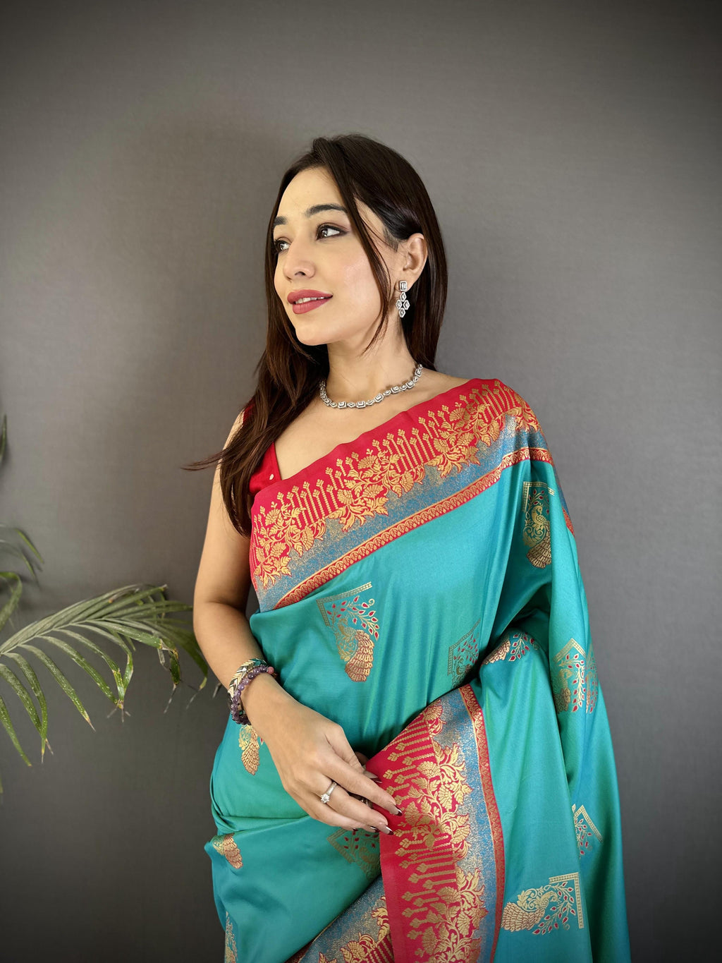 Sonakshi Women'S Teal Pure Soft Banarasi Silk With Contrast Weaving Border And Pallu Traditional Saree With Blouse - Distacart