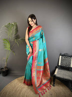 Sonakshi Women'S Teal Pure Soft Banarasi Silk With Contrast Weaving Border And Pallu Traditional Saree With Blouse - Distacart