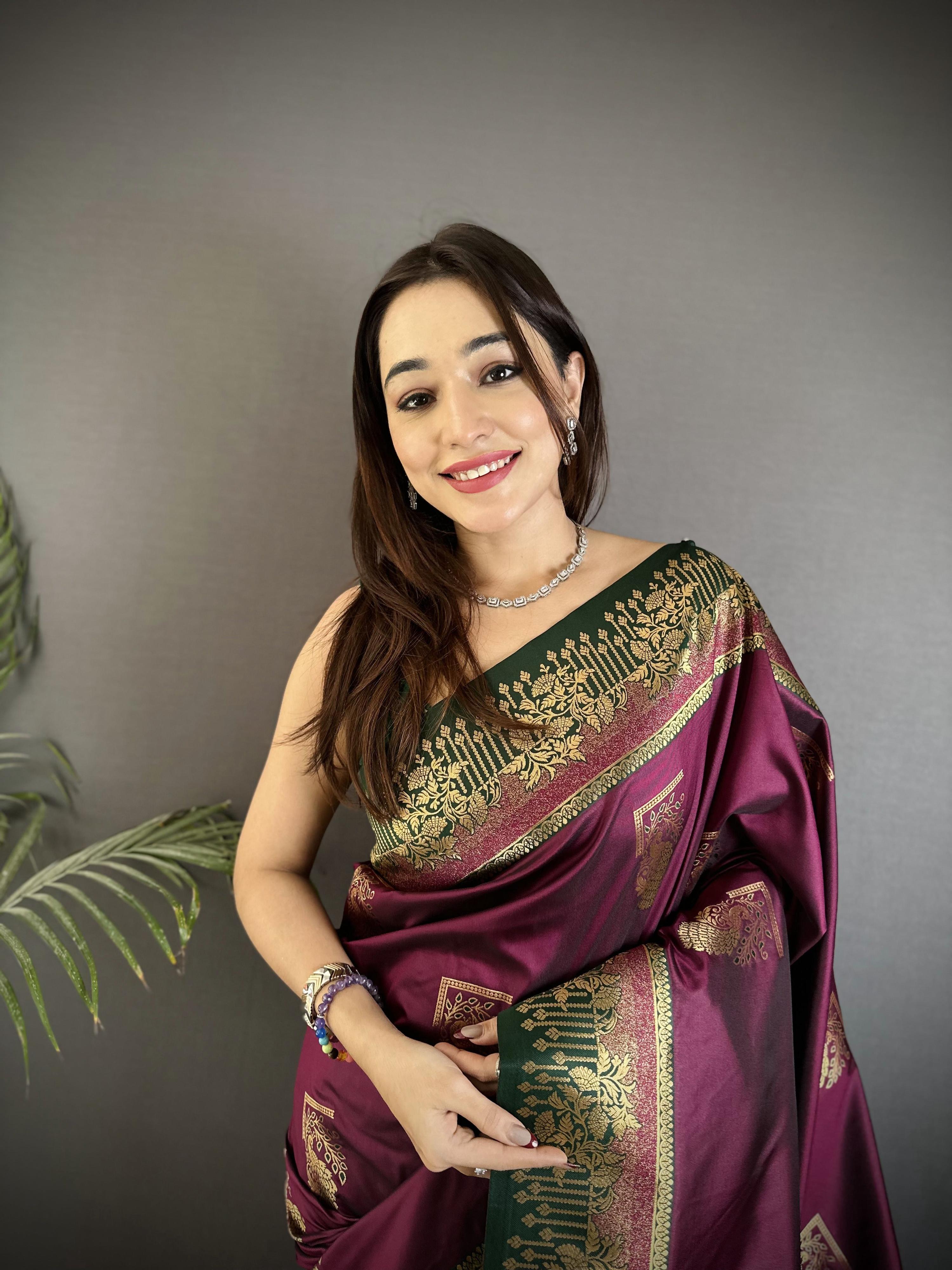 Sonakshi Women'S Wine Pure Soft Banarasi Silk With Contrast Weaving Border And Pallu Traditional Saree With Blouse - Distacart